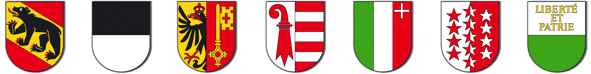 écussons des cantons de Berne, Fribourg, Genève, Jura, Neuchâtel, Valais et Vaud